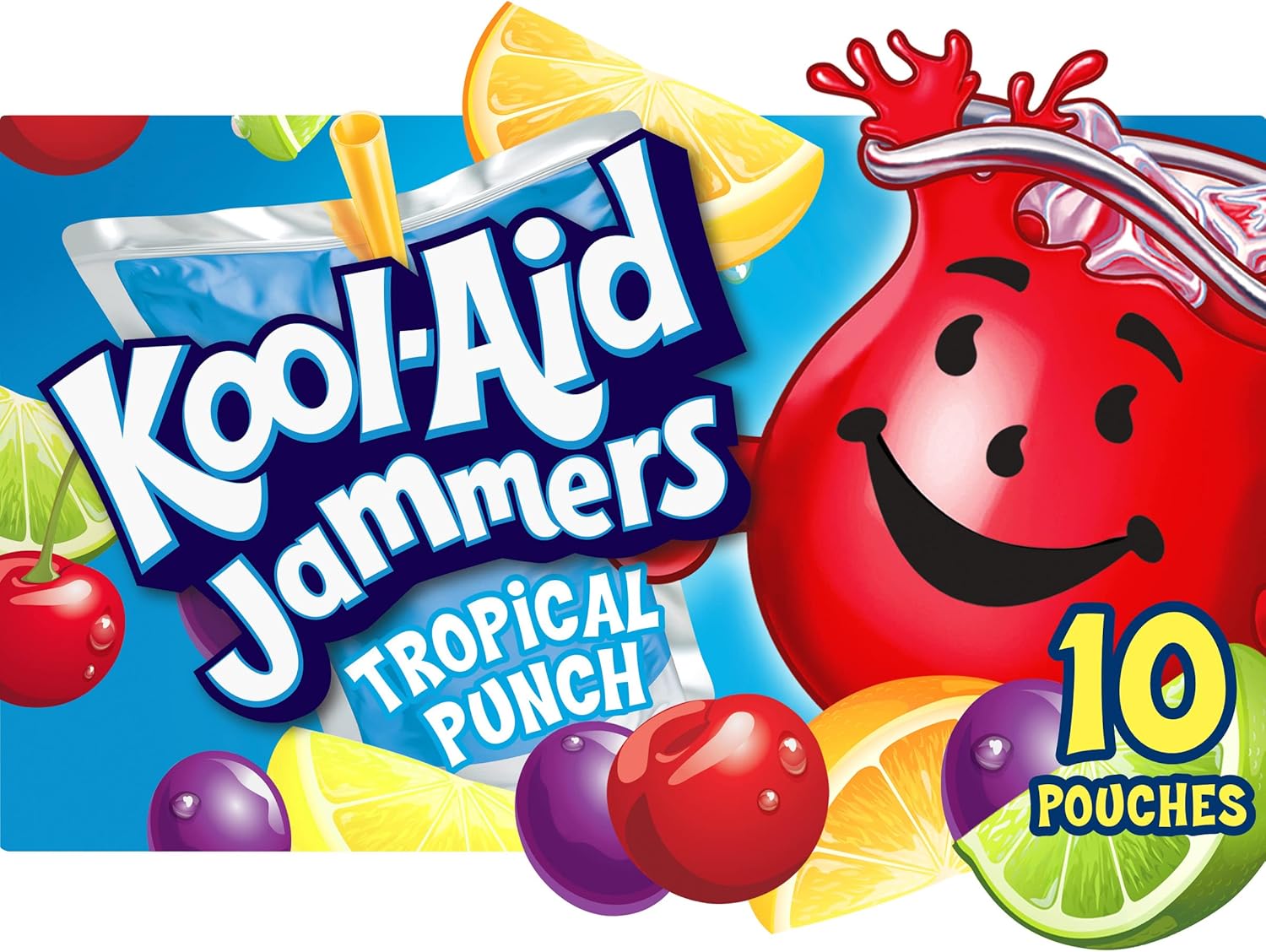 Kool-Aid Jammers Artificially Flavored Drink, 10 Pouches, for School Lunches and On-the-Go Hydration, Tropical Punch Artificially Flavored, Excellent Source of Vitamin C, 6 fl oz