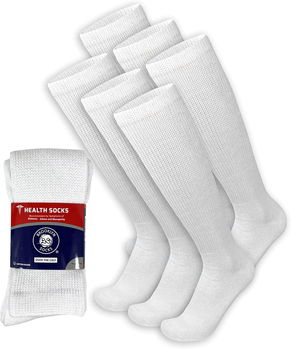 6 Pairs of Diabetic Over The Calf - Knee High Cotton Socks (White - 6 Pairs, Fit Men's Shoe Size 10-12)