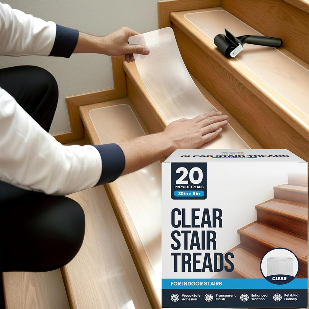 Clear Non Slip Stair Treads for Wooden Steps Indoor (20 Pack) - 30” x 6” Wide Transparent Peel and Stick Stair Treads Non Slip, Indoor Safety Strips for Wood Stairs, Stair Grips for Elderly and Pets