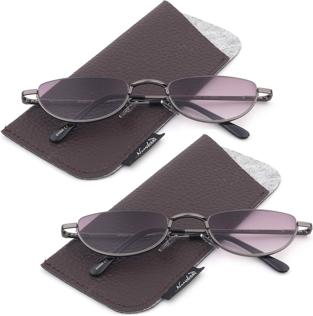 2 Pack Half Moon Shaped Frame Reading Glasses Spring Hinge Flat Top Slim Frame Men Women Tinted Outdoor Reading Glasses with Pouch Gunmetal +1.50