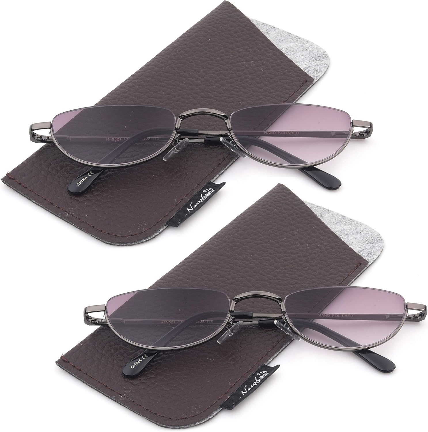 2 Pack Half Moon Shaped Frame Reading Glasses Spring Hinge Flat Top Slim Frame Men Women Tinted Outdoor Reading Glasses with Pouch Gunmetal +1.50