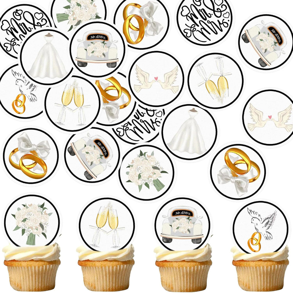 40pcs Edible Mr & Mrs Cupcake Toppers Ring Bridal Bouquet Wine Glass Pigeon Bride to Be Wedding Cupcake Picks for Bridal Shower Engagement Newly Married Happy Wedding Party Decorations