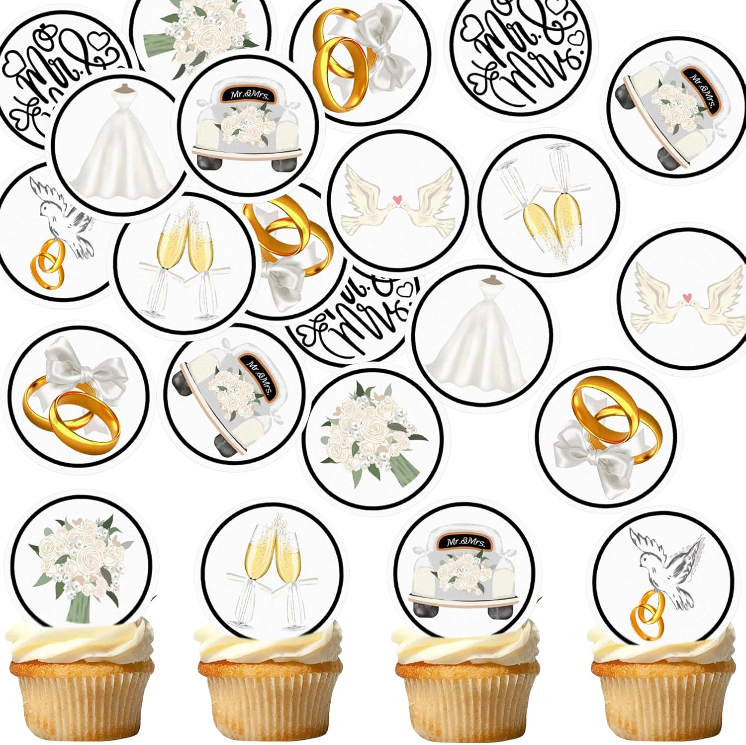 40pcs Edible Mr & Mrs Cupcake Toppers Ring Bridal Bouquet Wine Glass Pigeon Bride to Be Wedding Cupcake Picks for Bridal Shower Engagement Newly Married Happy Wedding Party Decorations