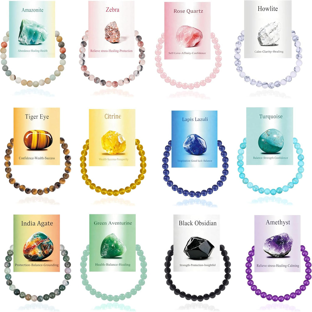 BOMAIL 12Pcs Gemstone Stretch Bracelets for Women 6mm Natural Stone Healing Crystal Beaded Bracelet Set Handmade Gemstone Reiki Spiritual Jewelry Gifts with Meaning Card