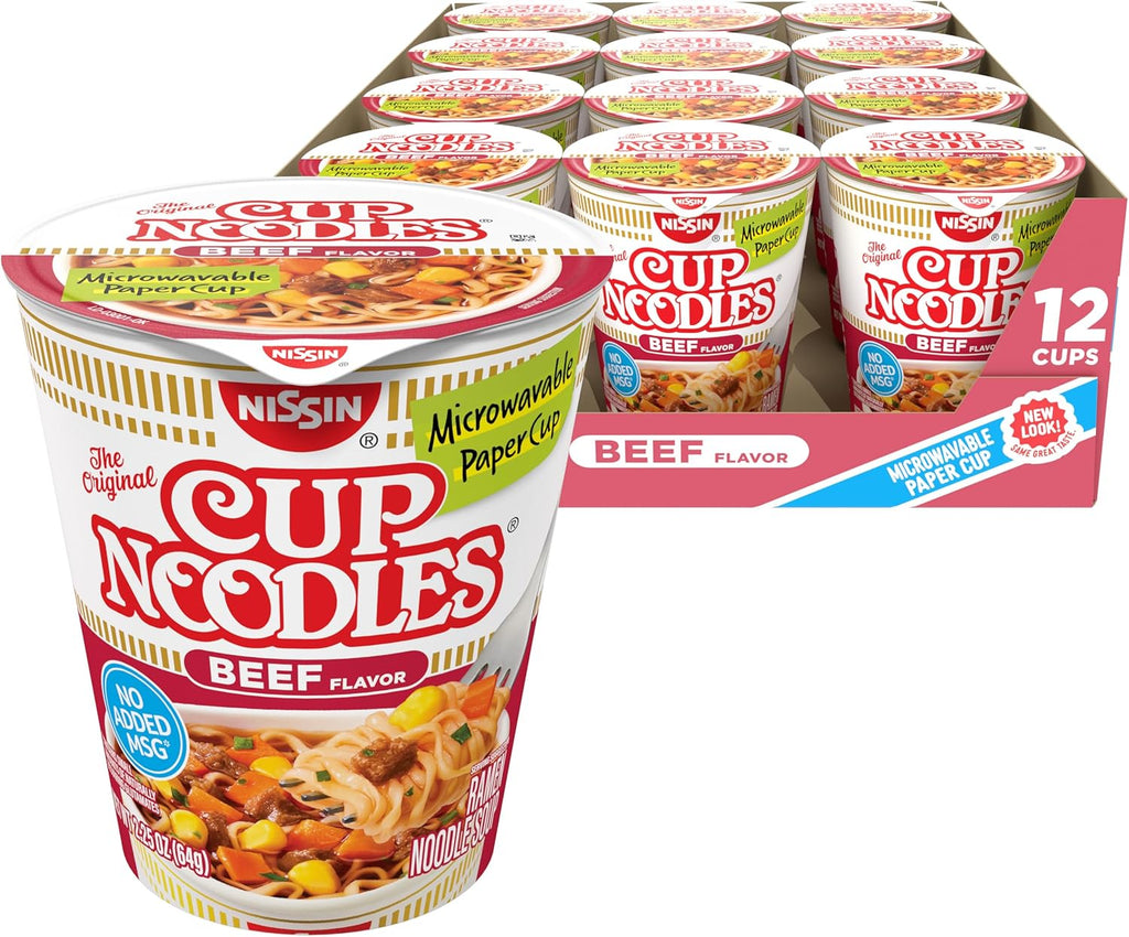Nissin Cup Noodles Soup, Beef Flavor, Microwaveable Paper Cups, Instant Ramen, 2.25 Ounce (Pack of 12)