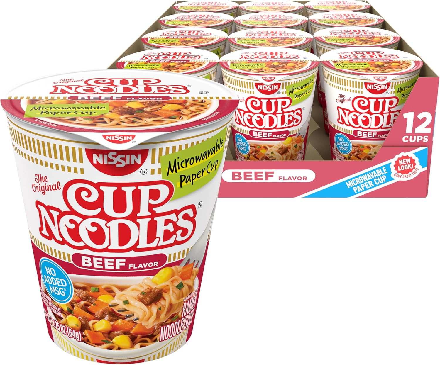 Nissin Cup Noodles Soup, Beef Flavor, Microwaveable Paper Cups, Instant Ramen, 2.25 Ounce (Pack of 12)