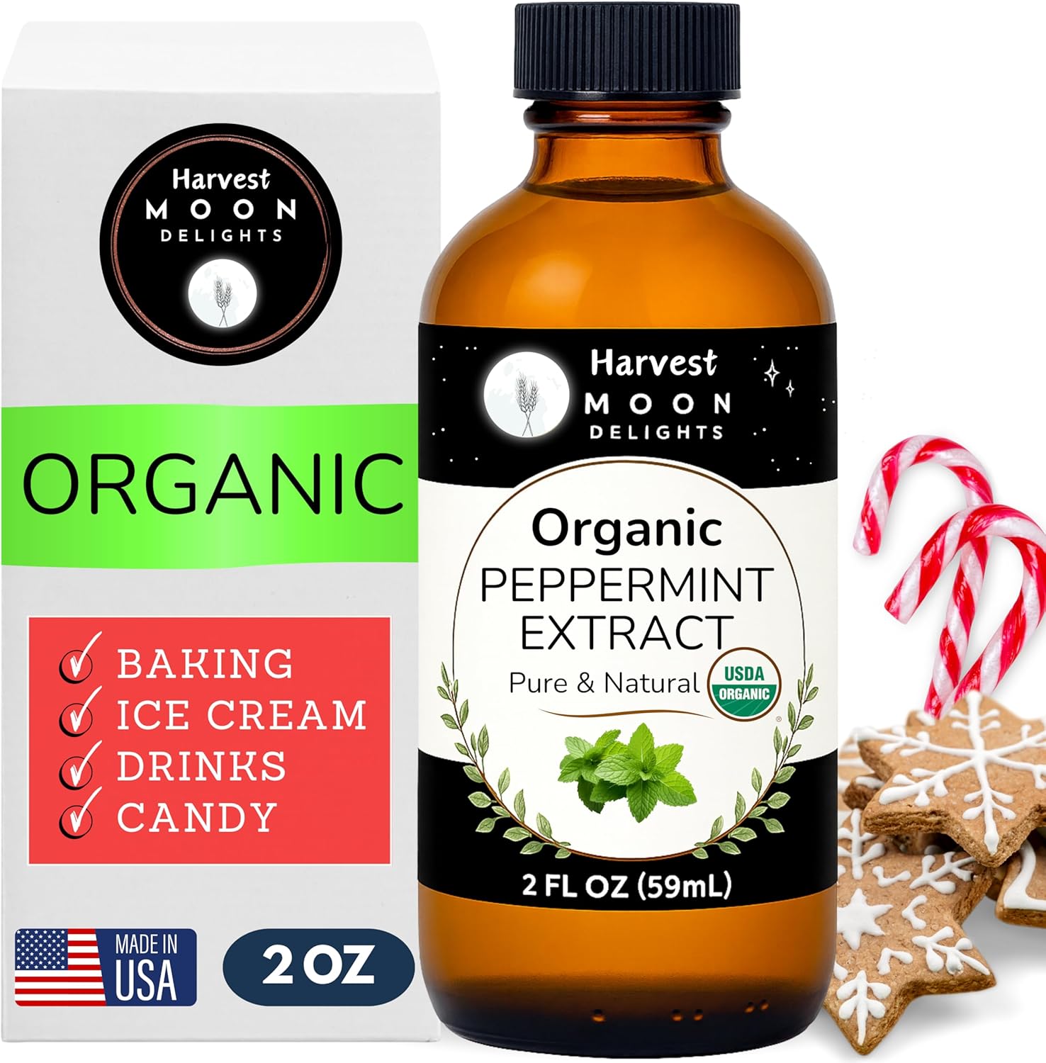 Organic Peppermint Extract for Baking, Ice Cream, Drinks, and Candy - 2 oz - Water-Soluble - By Harvest Moon Delights - Pure Peppermint Flavoring, Mint Extract