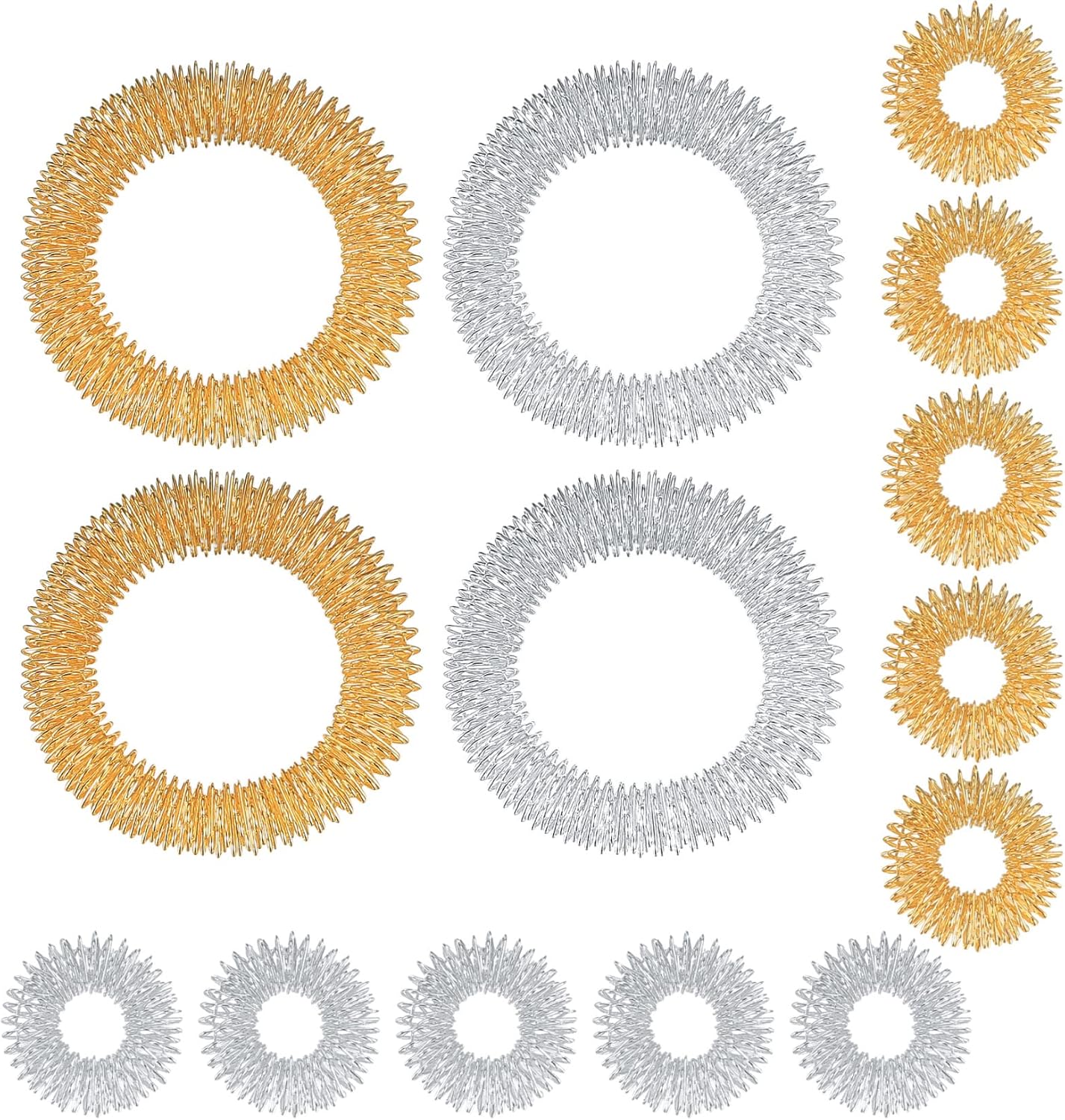 14 Pieces Spiked Sensory Rings (10 Acupressure Rings, 4 Bracelets), Spiked Finger Acupressure Sensory Rings for Teens, Adults, Stress Relief Bracelets and Finger Rings, Gold and Silver