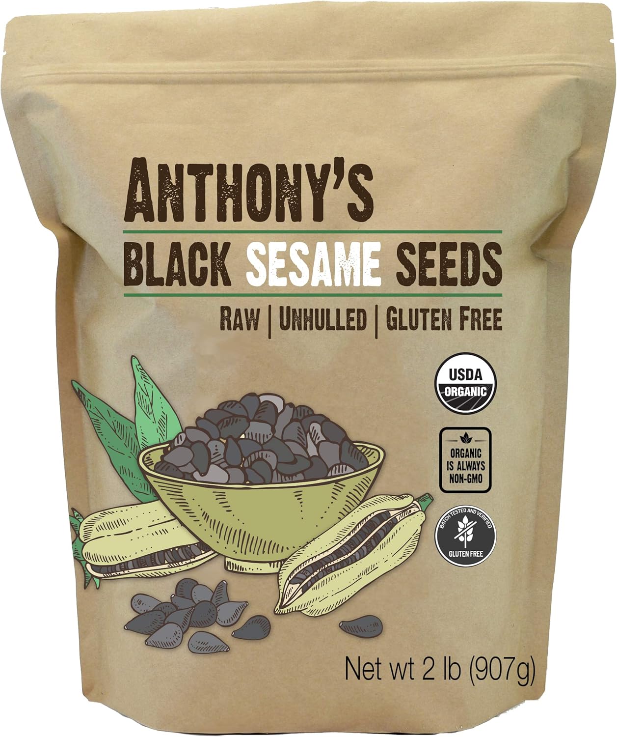 Anthony's Organic Black Sesame Seeds, 2 lb, Raw, Unhulled, Batch Tested & Verified Gluten Free, Keto Friendly