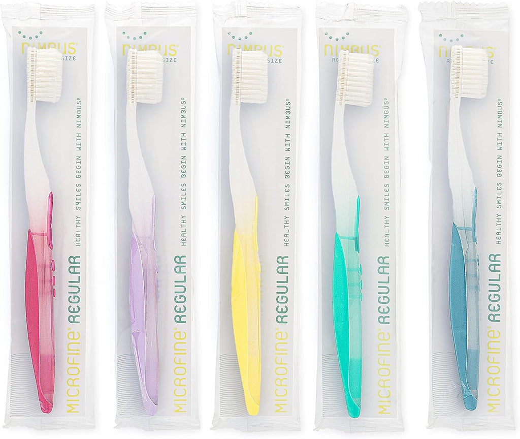 NIMBUS Extra Soft Toothbrushes (Regular Head) Periodontist Design Tapered Bristles for Sensitive Teeth and Receding Gums, Individually Wrapped Plaque Remover Travel Toothbrush (10 Pack, Colors Vary)