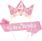 SuPoo 4th Birthday Decorations for Girl Pink Bow 4th Birthday Sash and Headband Crown for Girls Glitter Hair Band for Party 4 Year Old Flower Princess Tiara Hair Accessory Outfit Gift
