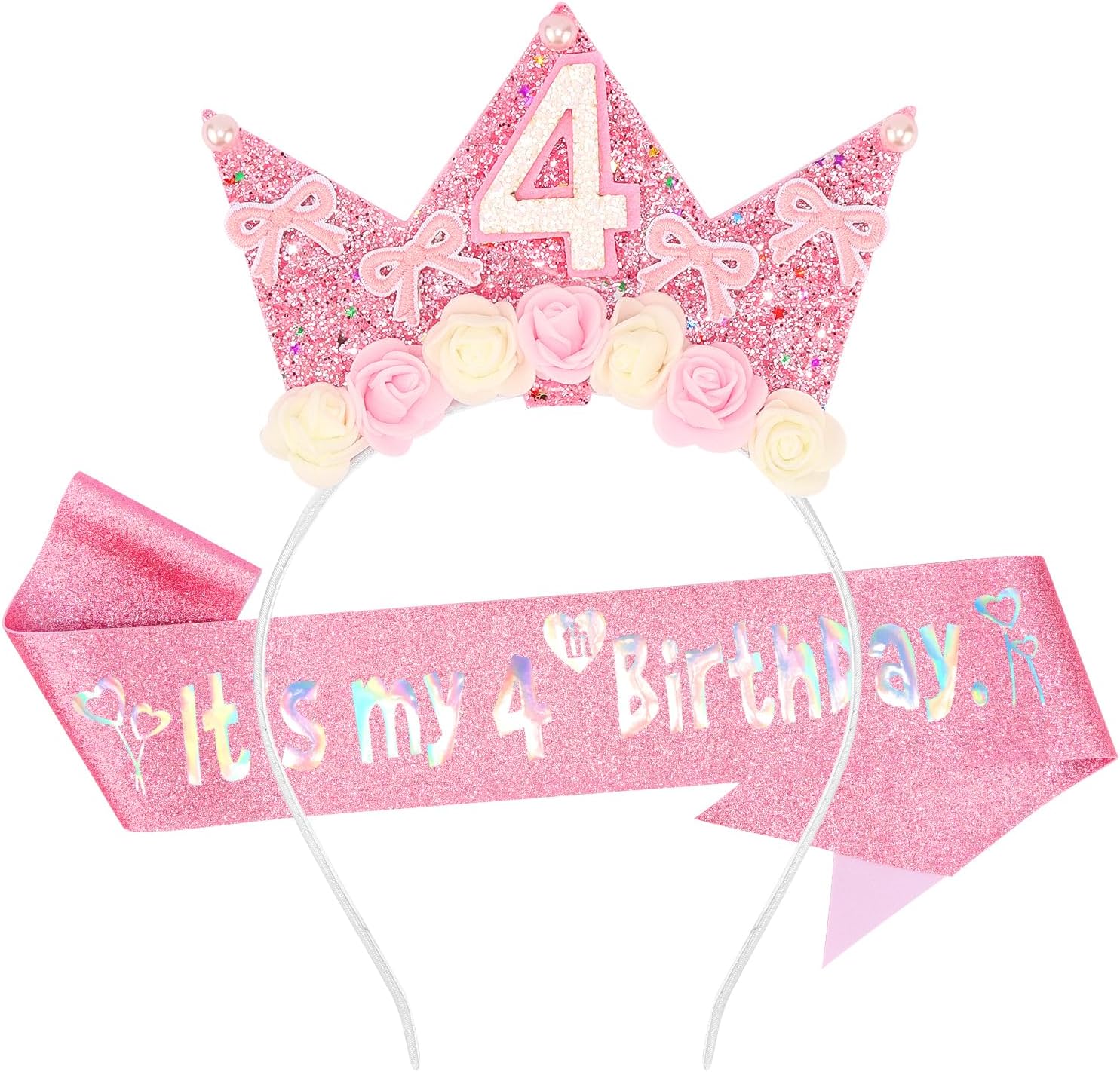 SuPoo 4th Birthday Decorations for Girl Pink Bow 4th Birthday Sash and Headband Crown for Girls Glitter Hair Band for Party 4 Year Old Flower Princess Tiara Hair Accessory Outfit Gift
