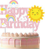 Rainbow Birthday Party Cake Topper Rainbow Birthday Decoration Pink Rainbows Happy Birthday Cake Topper for Girls Cloud Sun Star Theme Party Weather Theme Baby Shower Supplies
