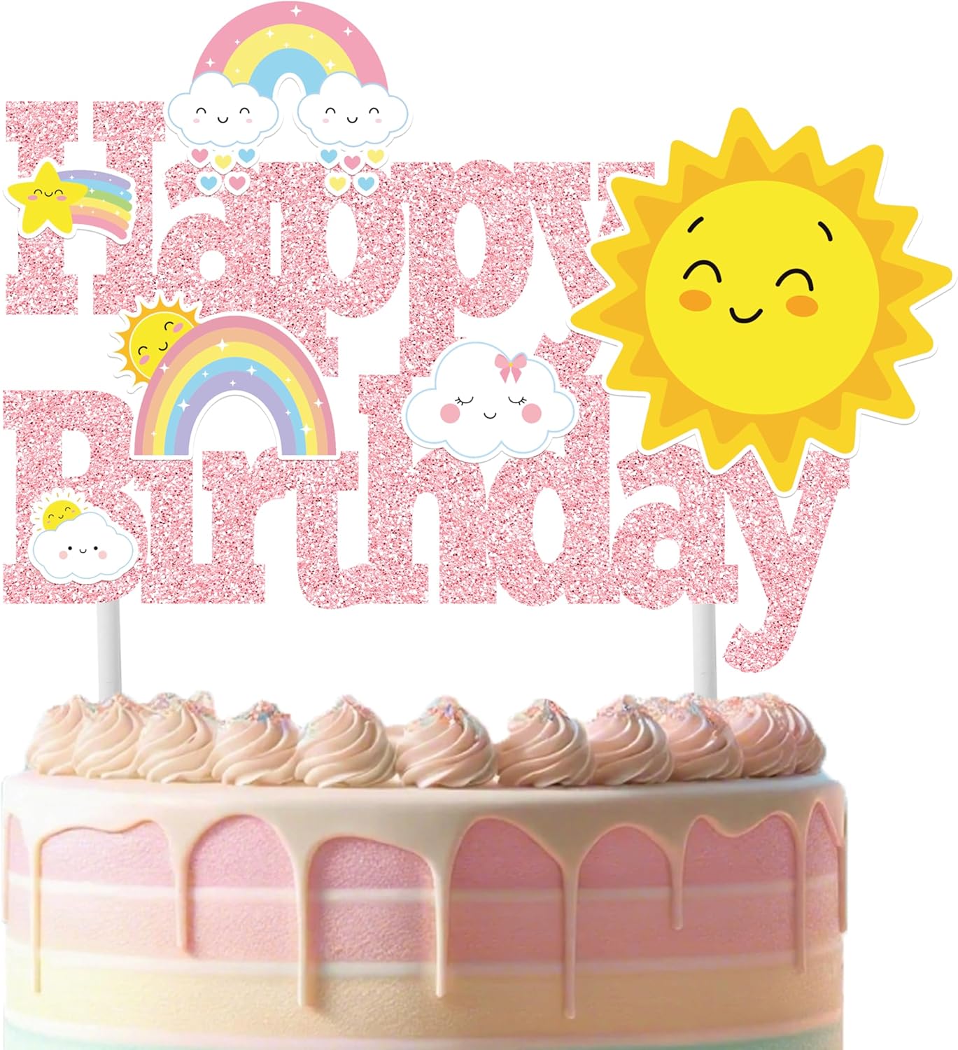 Rainbow Birthday Party Cake Topper Rainbow Birthday Decoration Pink Rainbows Happy Birthday Cake Topper for Girls Cloud Sun Star Theme Party Weather Theme Baby Shower Supplies