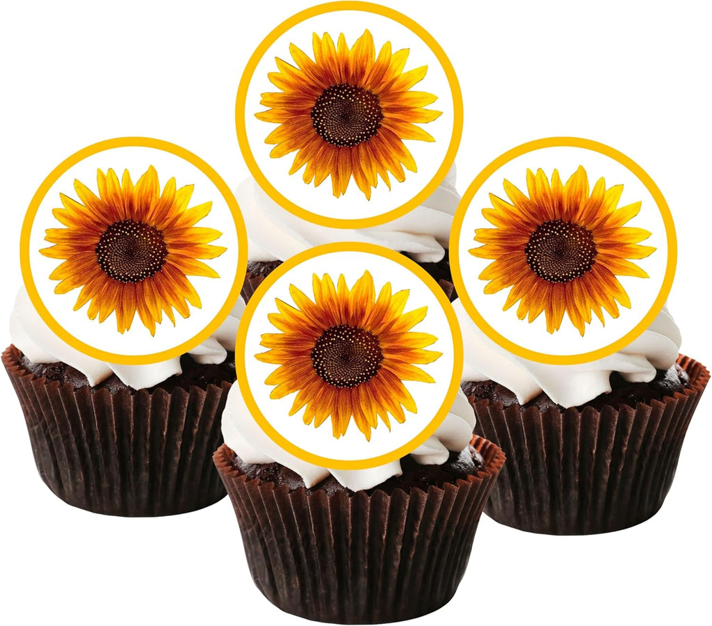 48 Sunflower Edible Cupcake Toppers, Wafer Card Cupcake Decorations, Mini Sunflower Edible Cake Decorations, Sunflower Cake Toppers - 48 x 1.18 Inch 3cm Uncut