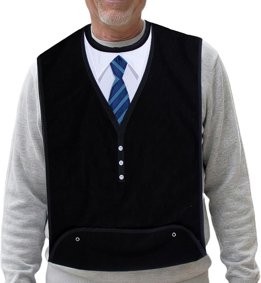 Adult Bibs for Men, Dress ‘n Dine™ Clothing Protectors for Eating, Senior Adult Bib Terry Cloth Crumb Catcher, Embroidered Design, Waterproof, Reusable, Washable (Blue Tie)