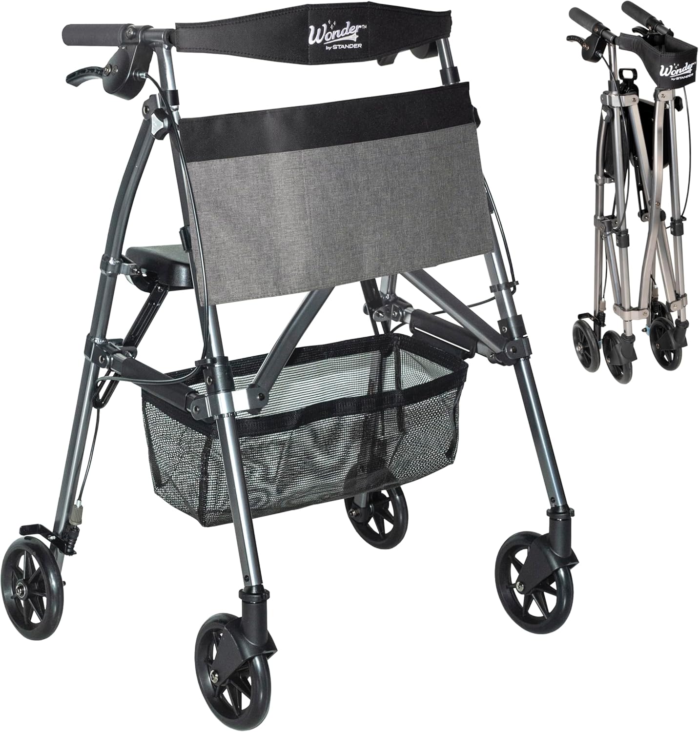 Stander Wonder Rollator Plus, Lightweight Folding Mobility Rolling-Walker, EZ Fold-N-Go-Rollator for Seniors and Adults, 6-inch Wheels, Locking Brakes and Padded Seat with Backrest, Black Walnut