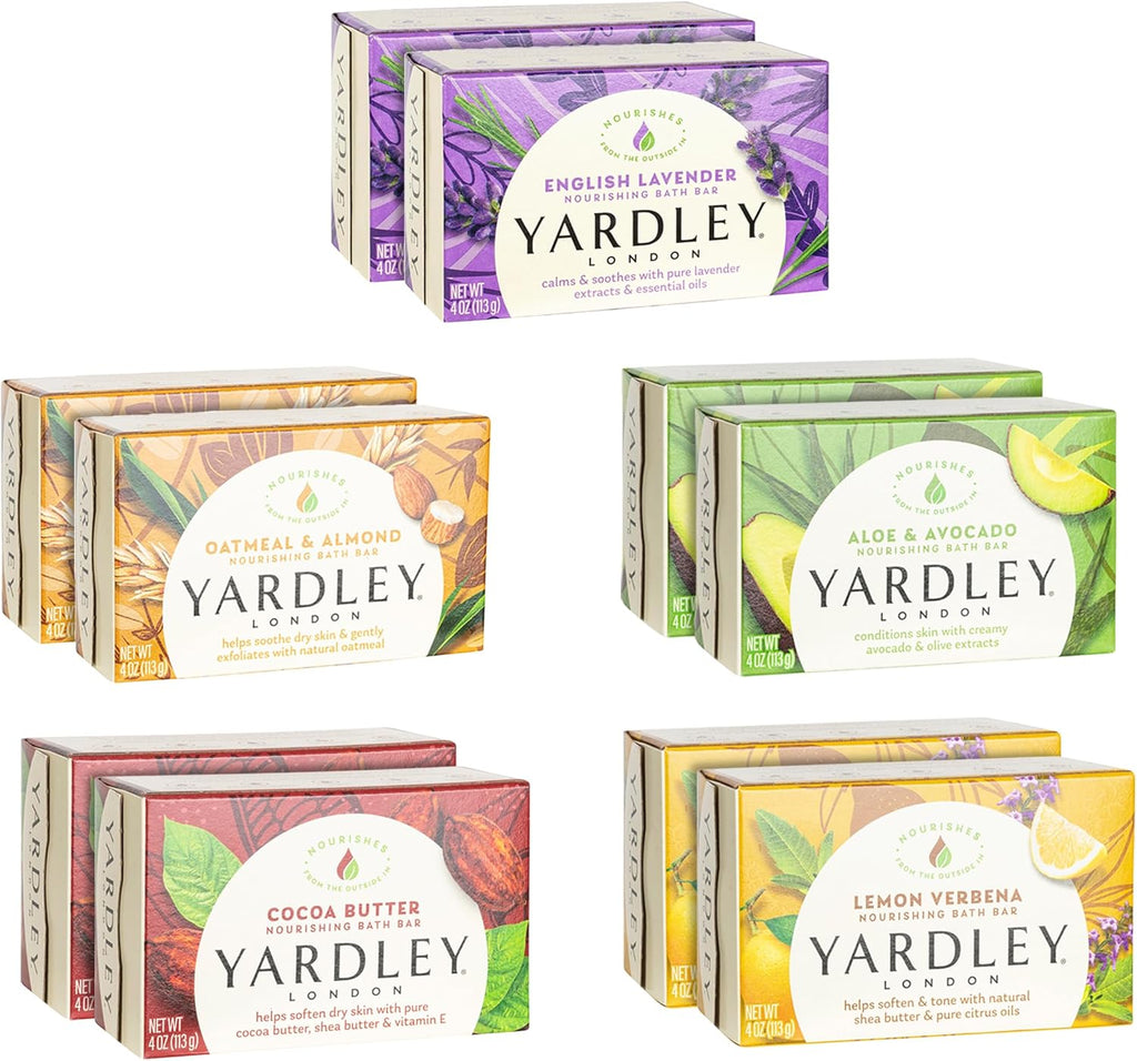 Yardley London Soap Bath Bar Bundle - 10 Bars: English Lavender, Oatmeal and Almond, Aloe and Avocado, Cocoa Butter, Lemon Verbena 4.25 Ounce Bars (Pack of 10 Bars, Two of each)