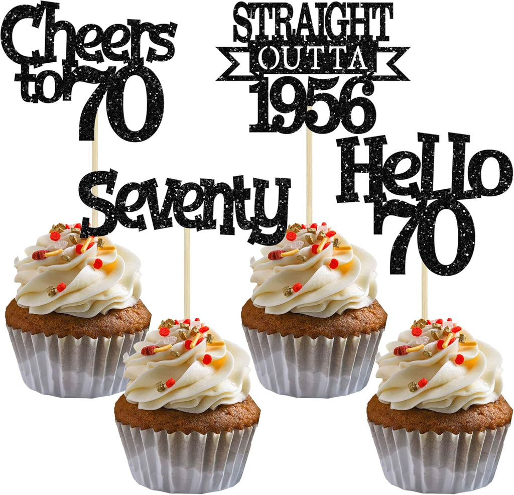 Ephlyn 24Pcs Happy 70th Birthday Cupcake Toppers Glitter Straight Outta 1956 Cupcake Picks Hello 70 Cheers to 70 Years Birthday Cake Decorations for 70th Birthday Anniversary Party Supplies Black