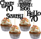 Ephlyn 24Pcs Happy 70th Birthday Cupcake Toppers Glitter Straight Outta 1956 Cupcake Picks Hello 70 Cheers to 70 Years Birthday Cake Decorations for 70th Birthday Anniversary Party Supplies Black