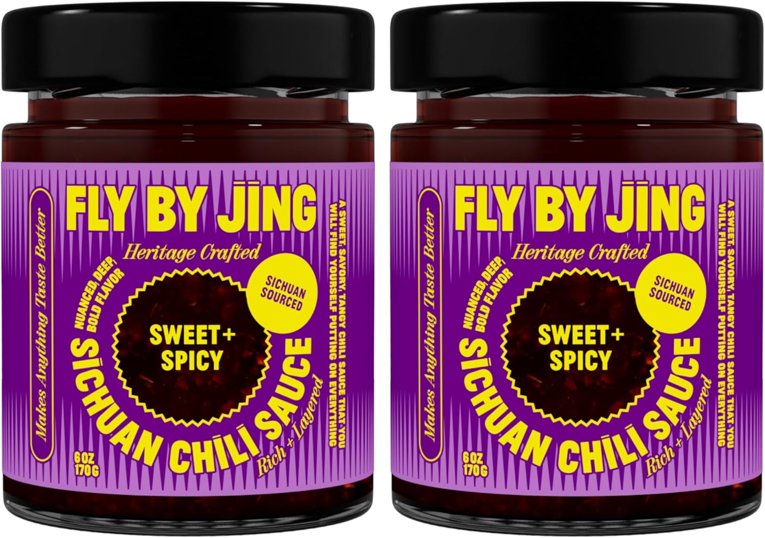 FLYBYJING Sweet + Spicy Sichuan Chili Sauce: Premium Sweet Chili Oil for Drizzling, Stir Fry & Marinades - Tangy, Savory, Vegan Hot Sauce - Good on Noodles, Dumplings, Eggs & More, 6oz (Pack of 2)