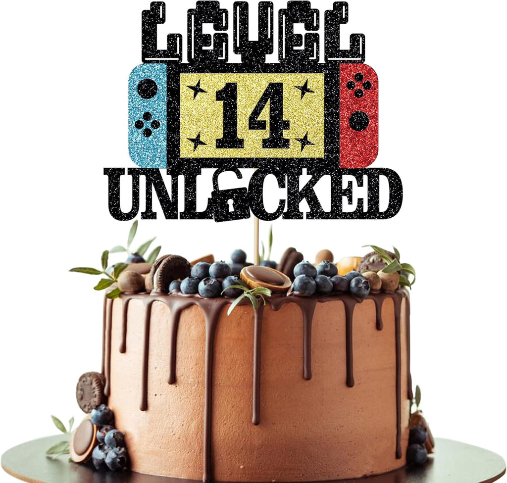 Level 14 Unlocked Cake Topper, Happy 14th Birthday Cake Topper, Video Game Controller Theme Birthday Party Decoration, Glitter Level 14th Game Theme for Kids Boy Girl Bday Party Decorations