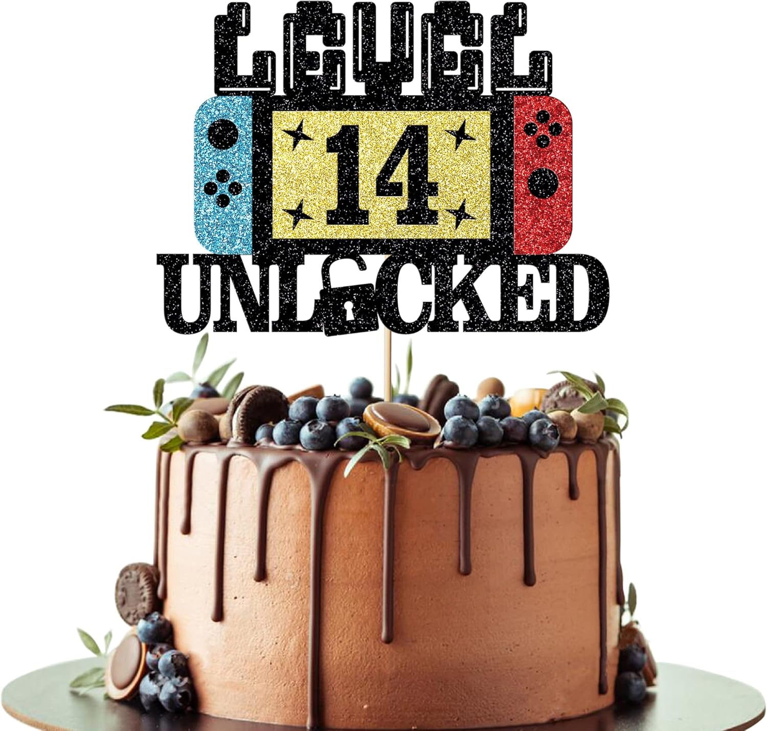 Level 14 Unlocked Cake Topper, Happy 14th Birthday Cake Topper, Video Game Controller Theme Birthday Party Decoration, Glitter Level 14th Game Theme for Kids Boy Girl Bday Party Decorations