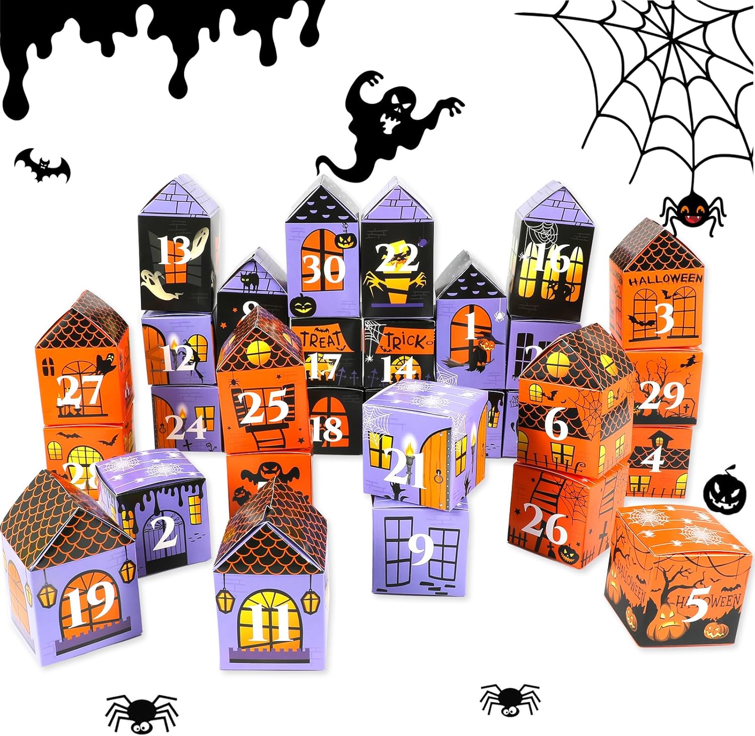 HOWAF Halloween Advent Countdown Candy Boxes Castle Countdown Calendar Decorations Treat Boxes Holiday CountDown to 31 Days Halloween Goodie Boxes Halloween Countdown Calendar for Halloween Party