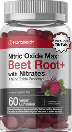 Horbäach Nitric Oxide Beet Root Gummies | 60 Chews| with Nitrates, Vitamin C & Black Pepper | for Men & Women | Strawberry Flavor | Vegan, Non-GMO, Gluten Free Supplement