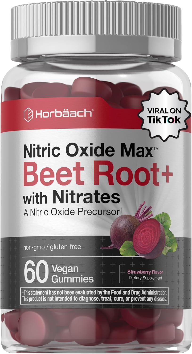 Horbäach Nitric Oxide Beet Root Gummies | 60 Chews| with Nitrates, Vitamin C & Black Pepper | for Men & Women | Strawberry Flavor | Vegan, Non-GMO, Gluten Free Supplement