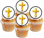 Gold Cross Edible Cupcake Toppers – Religious Cake Decorations for Christenings, Baptisms, Holy Communions, Church Celebrations Uncut (24 x 4cm/1.5 Inch Discs)
