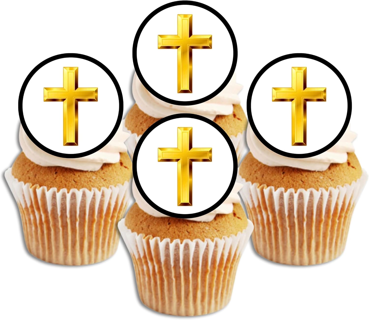 Gold Cross Edible Cupcake Toppers – Religious Cake Decorations for Christenings, Baptisms, Holy Communions, Church Celebrations Uncut (24 x 4cm/1.5 Inch Discs)