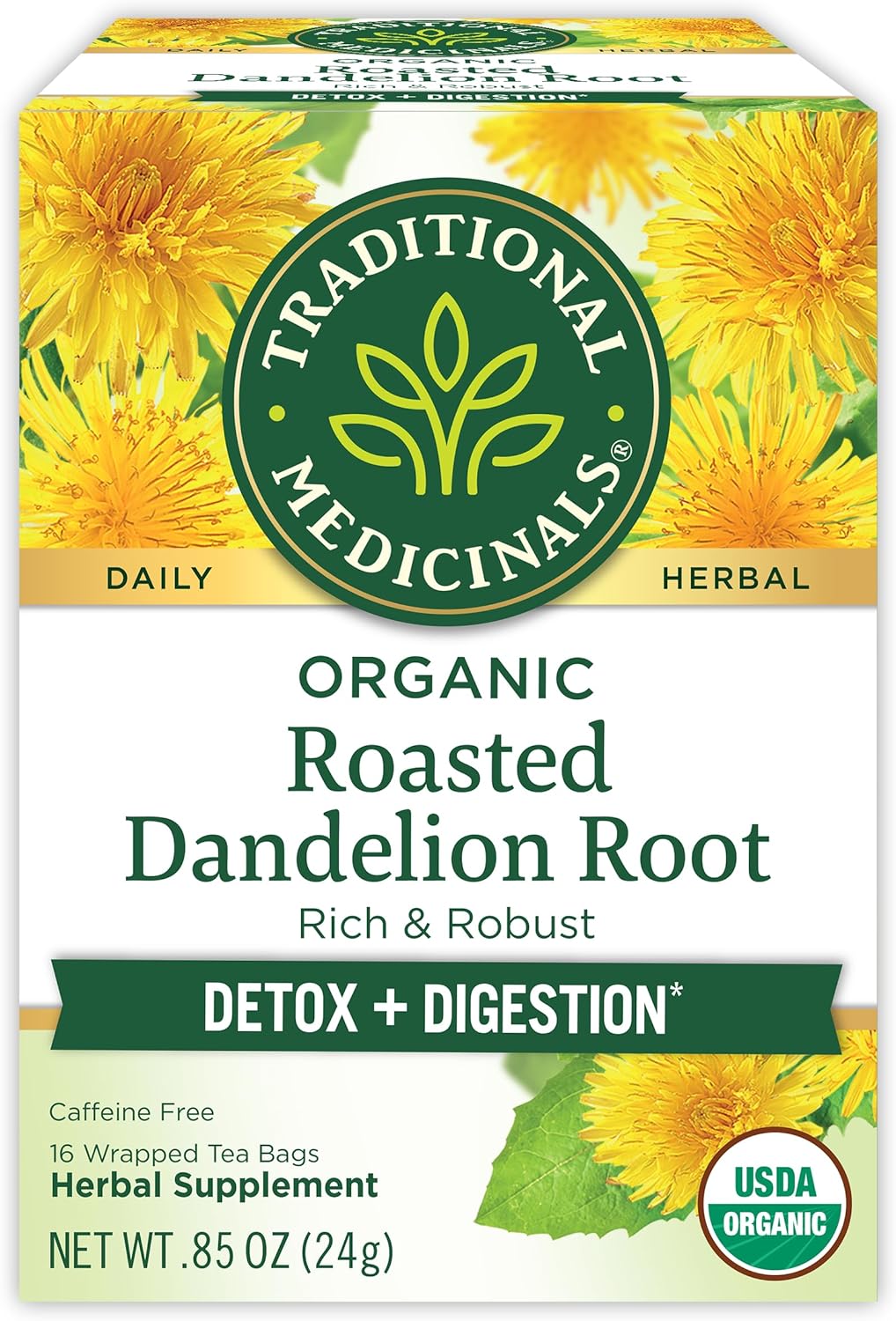 Traditional Medicinals Organic, Roasted, Dandelion Root Tea - Supports Normal Detox + Digestion - Kosher, Non-GMO, Caffeine-Free, Compostable - 16 Tea Bags
