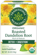 Traditional Medicinals Organic, Roasted, Dandelion Root Tea - Supports Normal Detox + Digestion - Kosher, Non-GMO, Caffeine-Free, Compostable - 16 Tea Bags