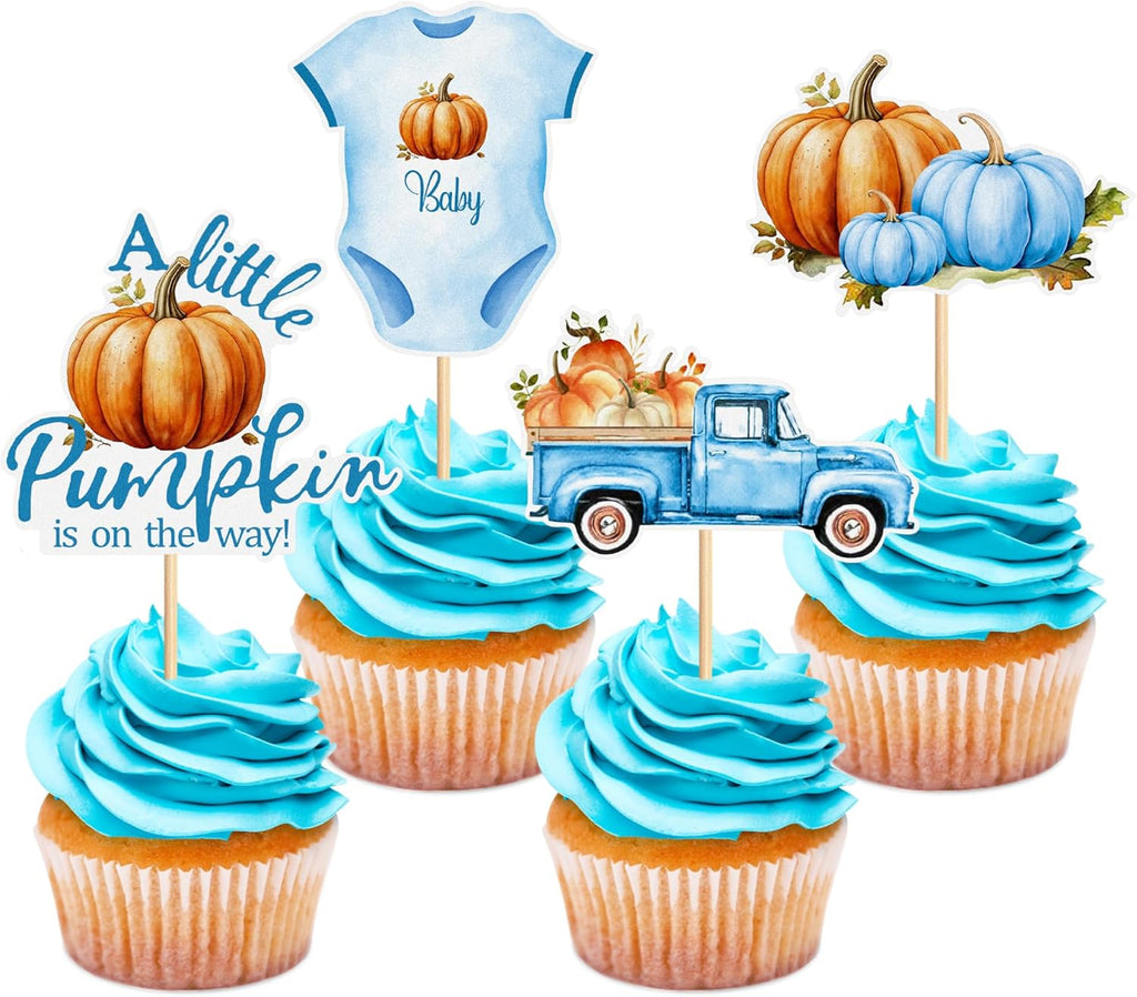 Ercadio 36Pcs Pumpkin Truck Cupcake Toppers Blue Fall Harvest Pumpkin Truck Cupcake Picks for Fall Harvest Theme Thanksgiving Party Birthday Decorations Supplies