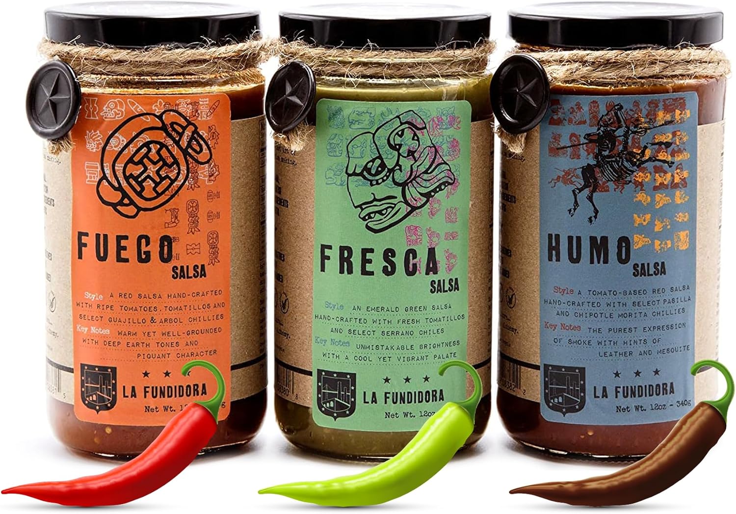 La Fundidora Trio Fresca, Fuego, Humo Salsas, Authentic Traditional Mexican Recipe, Smooth Homemade Spicy Dip, Fresh Small Batch - Variety 3 Pack