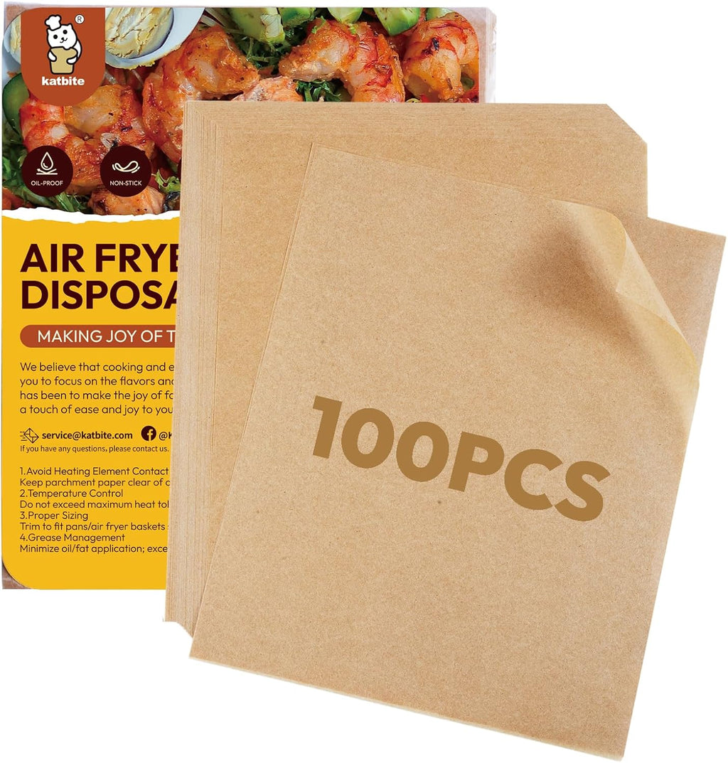 Katbite Air Fryer Disposable Paper Liners 100 Pcs, 9x11 Inch, Oil Resistant & Easy Clean, Non-stick Rectangular Paper Sheets Basket Liner for Toaster Oven Xl Air Fryer