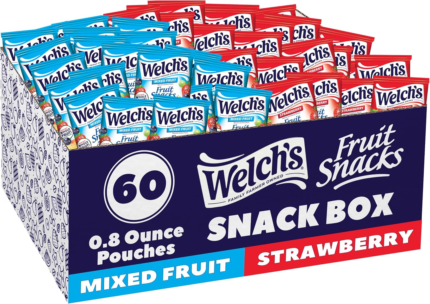 Welch's Fruit Snacks, Mixed Fruit & Strawberry Snack Box, Gluten Free, 0.8oz Snack Packs (Pack of 60)