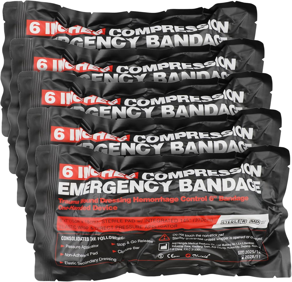 6" Israeli Style Emergency Compression Bandage, Sterile Double Vacuum-Sealed Dressing for Trauma Battle Military First Aid IFAK, 5 Pack