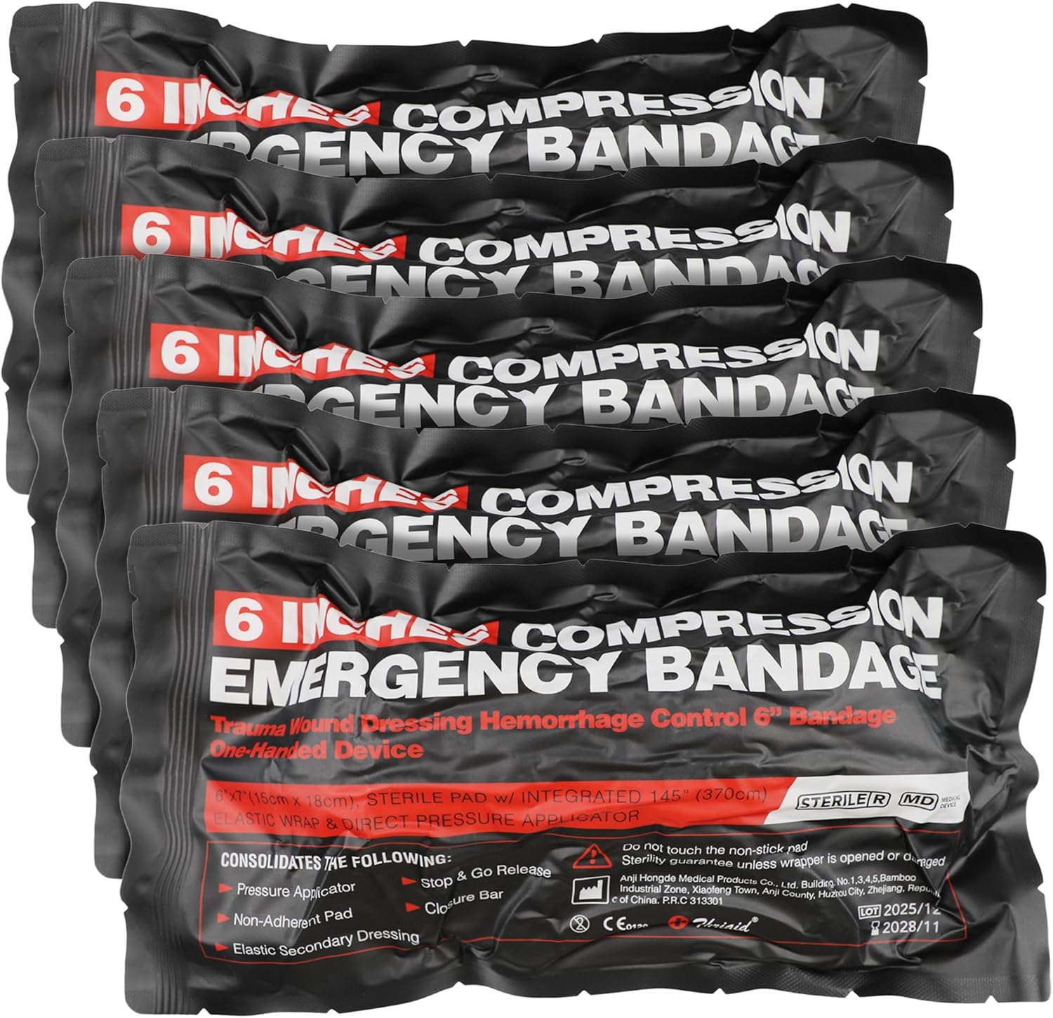 6" Israeli Style Emergency Compression Bandage, Sterile Double Vacuum-Sealed Dressing for Trauma Battle Military First Aid IFAK, 5 Pack