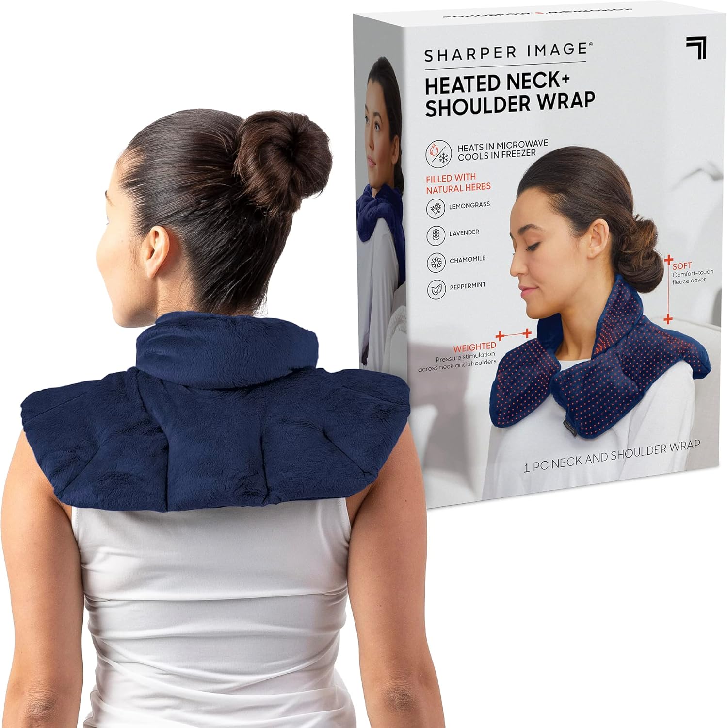 Sharper Image Heated Neck & Shoulder Wrap - Microwavable Warm & Cooling Plush Pad, Scented Aromatherapy (100% Natural Lavender & Herb Spa Blend), Pain Tension Headache Relief Therapy, Gift for Women