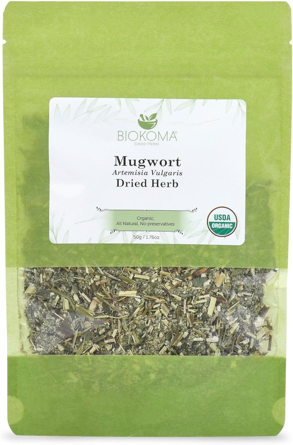Biokoma Organic Mugwort Dried Herb 50g 1.76oz Artemisia vulgaris USDA Organic Herbal Tea Premium Cut Aromatic Leaves Lucid Dreaming Bath Resealable Pouch No Additives No Preservatives No GMO Kosher
