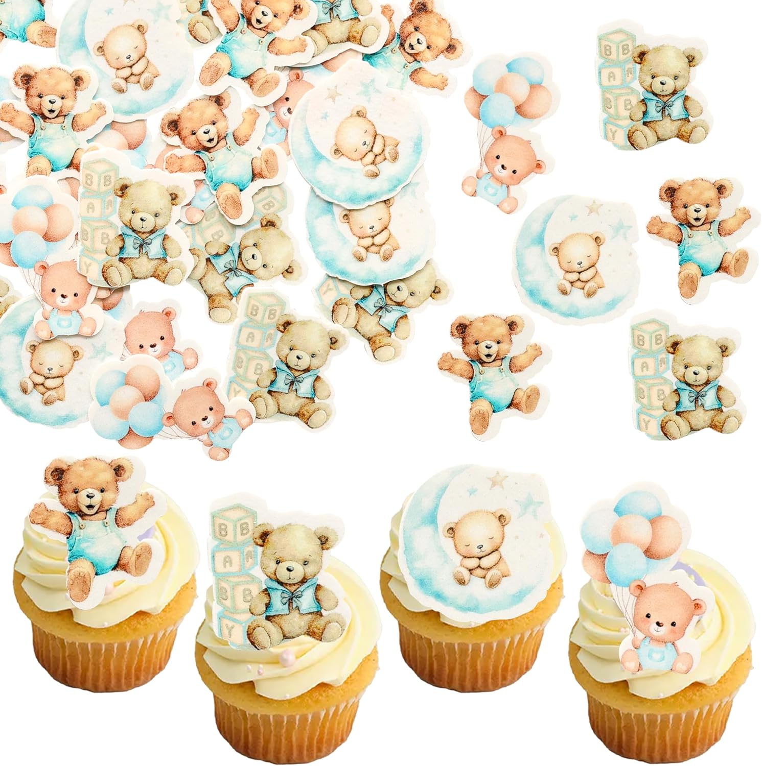 Gyufise 48Pcs Edible Baby Shower Bear Cupcake Toppers Wafer Paper Moon Baby Bear Baby Shower Cake Topper Decorations Jungle Animal Theme Birthday Party Cake Supplies Blue