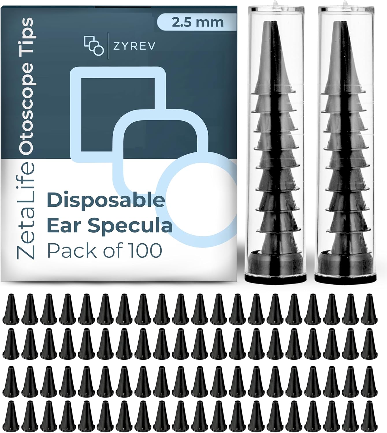 Zyrev ZetaLife Otoscope Tips (Pack of 100) - Plastic Otoscope Specula Tips, Disposable Ear Specula - 2.5mm Disposable Covers