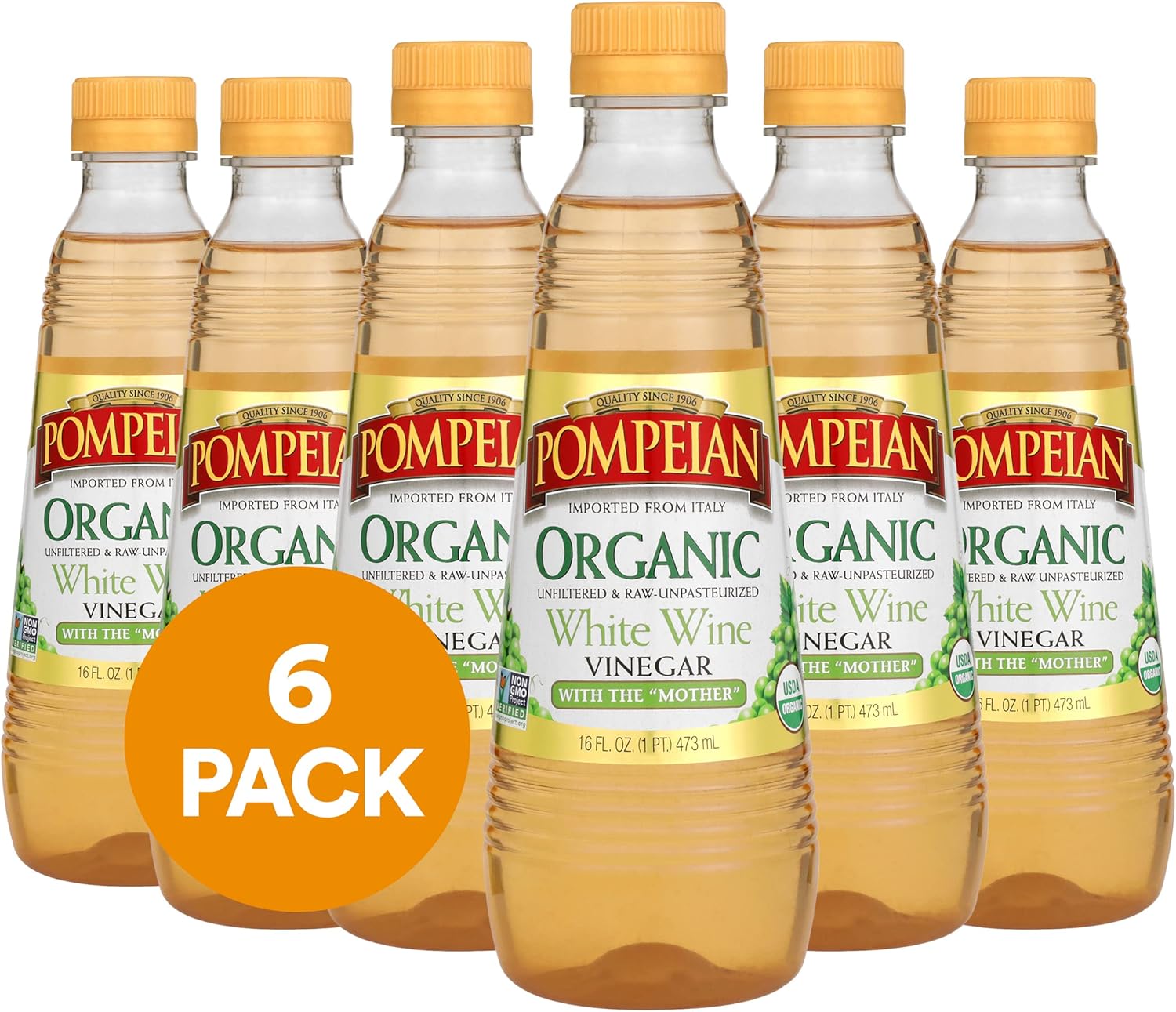 Pompeian Gourmet Organic White Wine Vinegar, Unfiltered & Unpasteurized, 16 Fl Oz, Pack of 6