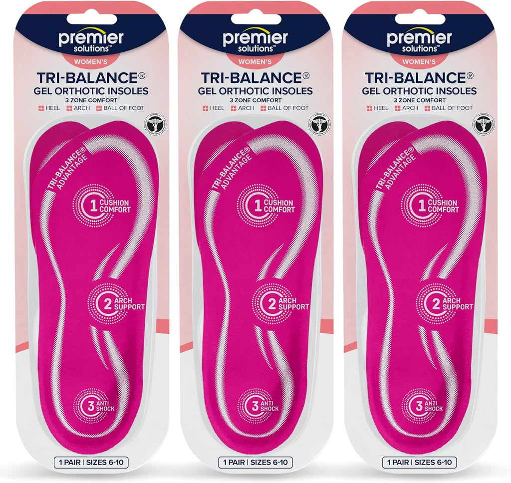 Premier Solutions™ Tri-Balance Gel Orthotic Insoles for Women, 3/4 Length Insoles for Women’s Shoe Sizes 6-10, (Pack of 3)