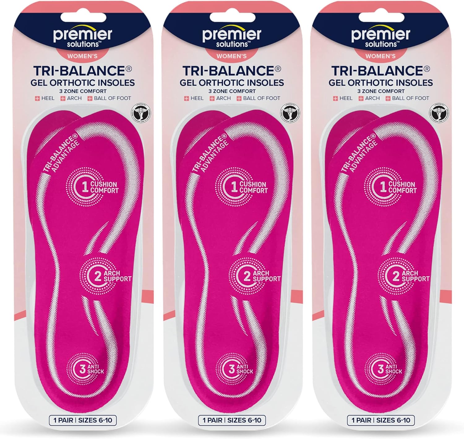 Premier Solutions™ Tri-Balance Gel Orthotic Insoles for Women, 3/4 Length Insoles for Women’s Shoe Sizes 6-10, (Pack of 3)