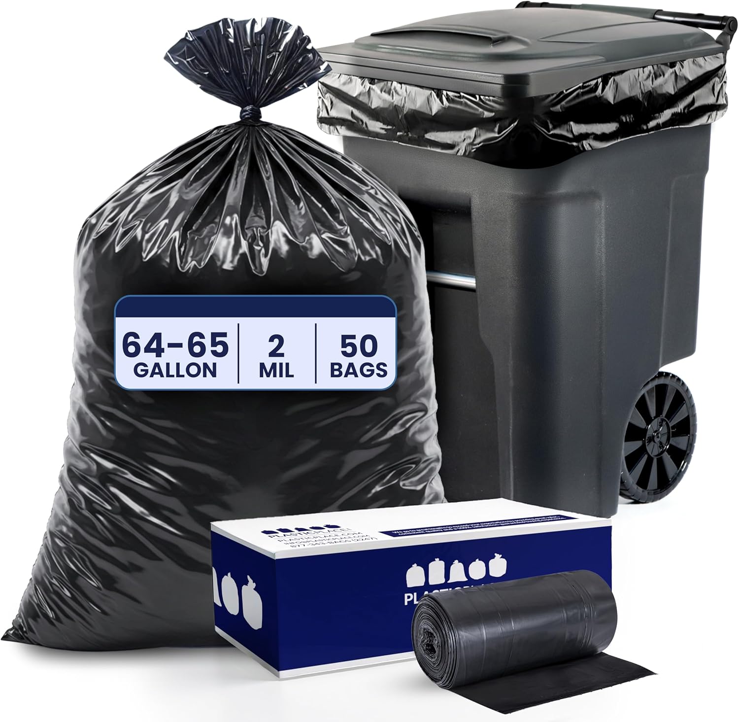 Plasticplace 64-65 Gallon Trash Can Liners for Toter │ 2.0 Mil │ Black Heavy Duty Garbage Bags │ 50” x 60” (50 Count)