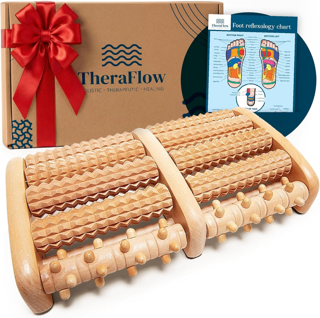 TheraFlow Foot Massager for Neuropathy & Plantar Fasciitis Relief - Mom Gifts for Women & Gifts for Dad, Wooden Foot Roller Massager, Neuropathy Pain Relief for Feet (Includes Reflexology Chart)
