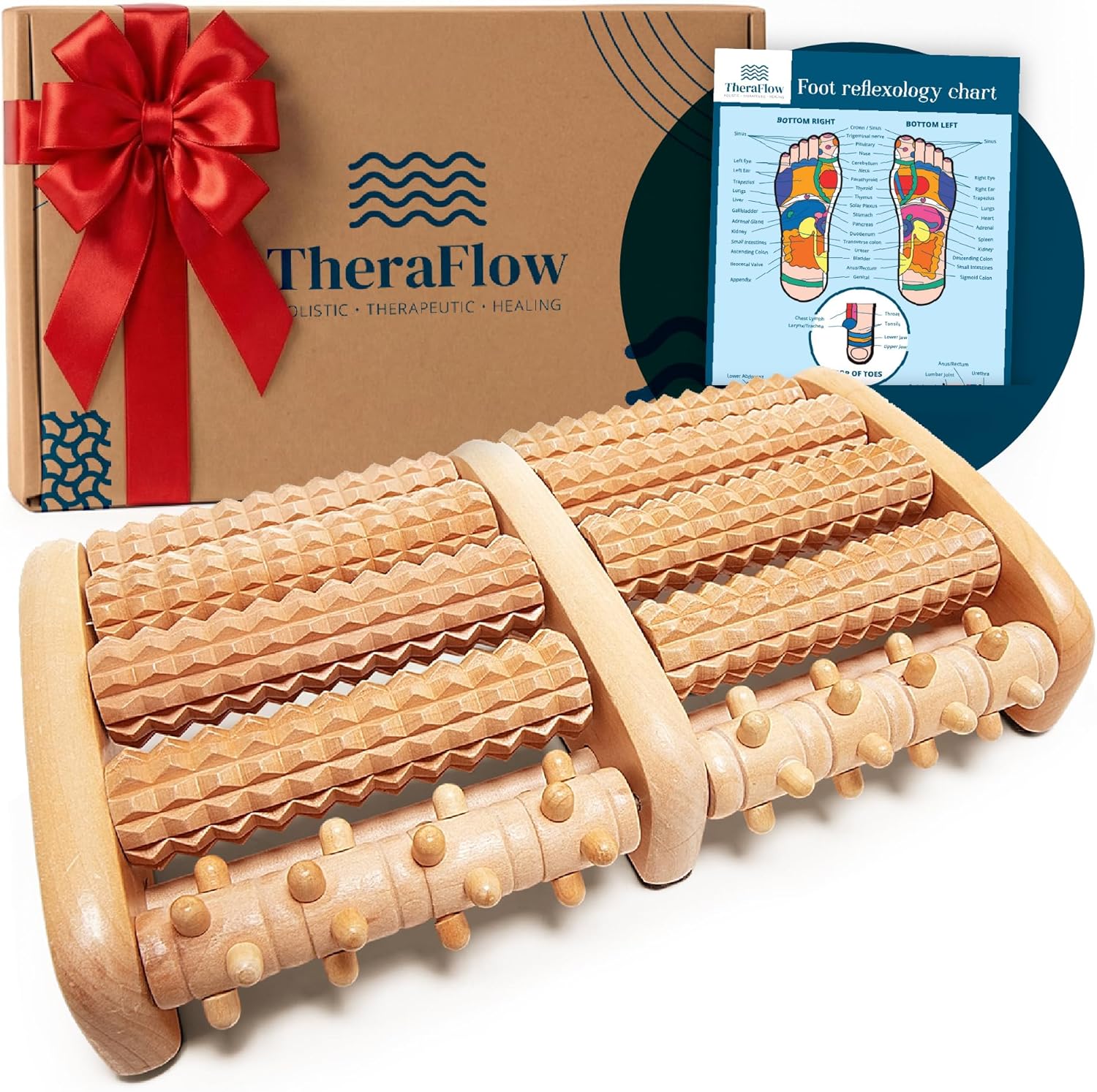 TheraFlow Foot Massager for Neuropathy & Plantar Fasciitis Relief - Mom Gifts for Women & Gifts for Dad, Wooden Foot Roller Massager, Neuropathy Pain Relief for Feet (Includes Reflexology Chart)